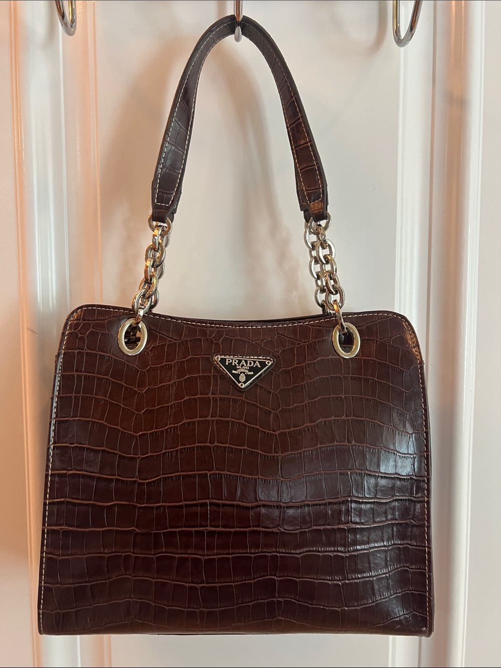 Designer style Brown Croc-Embossed Leather Shoulder Bag